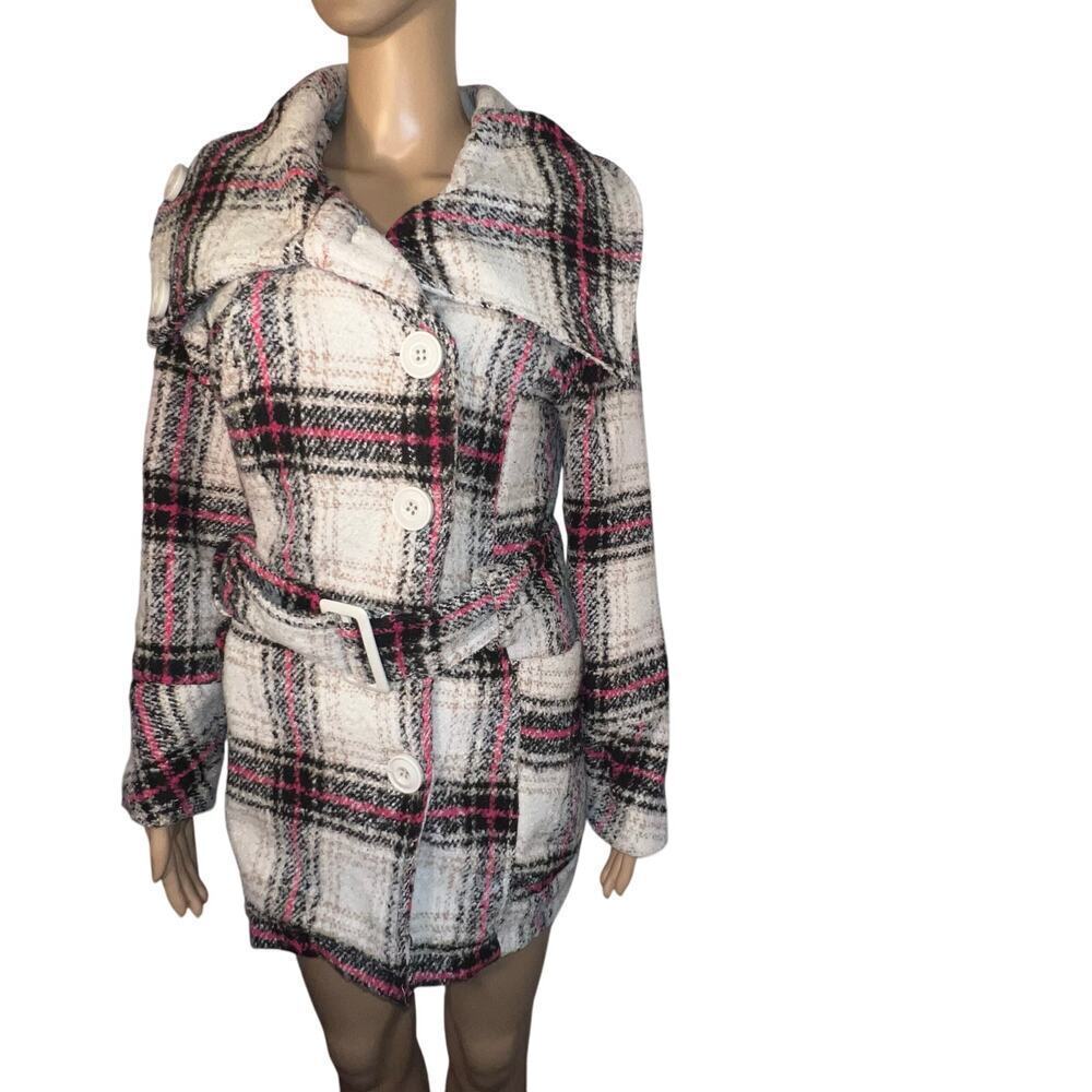 Route 66 Juniors size L, Pink Plaid Wool Blend Belted Pea Coat Cape Collar